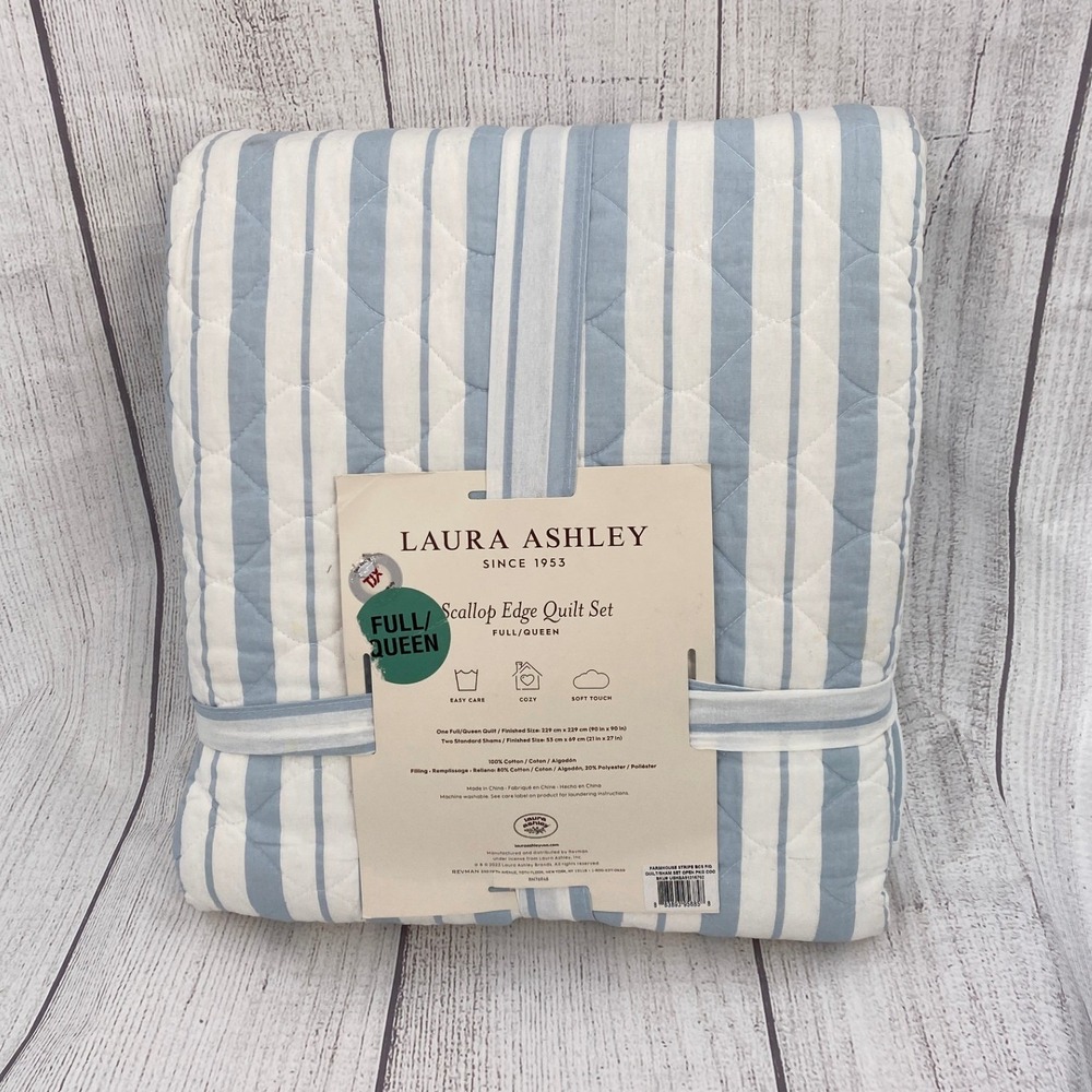 Laura Ashley Scallop Edge Quilt Set Full/Queen Blue White Striped Feminine Cozy - Picture 2 of 12